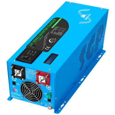 SunGold Power LFP3K12V120VSG 3000 Watts Pure Sine Wave inverter displaying its sky blue color scheme with patterned air vents . Also featuring its positive and negative DC terminals, ports, dip switches and air fan intake.