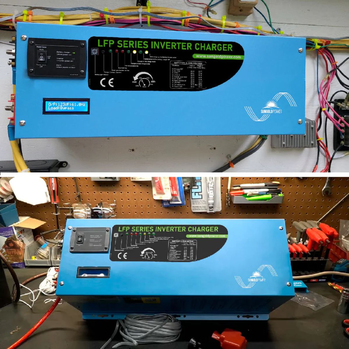 SunGold Power LFP3K12V120VSG 3000 Watts Pure Sine Wave Inverter displaying its actual working setup on a workplace.