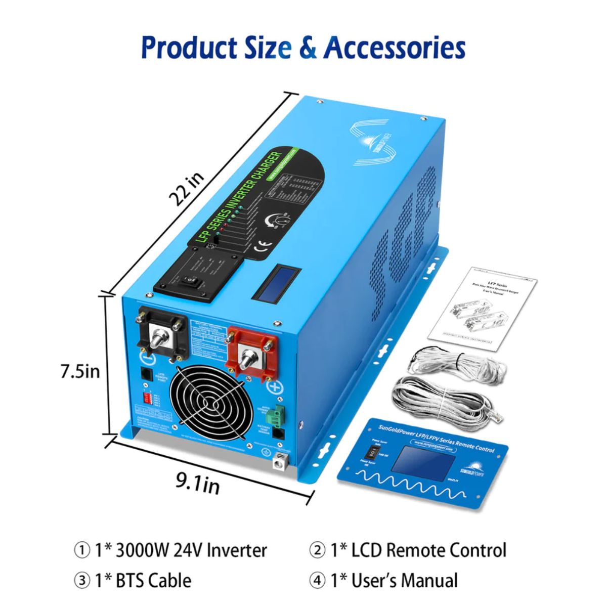 SunGold Power LFP3K24V120VSG 3000 Watts Pure Sine Wave Inverter displaying its product dimensions and product included accesories.