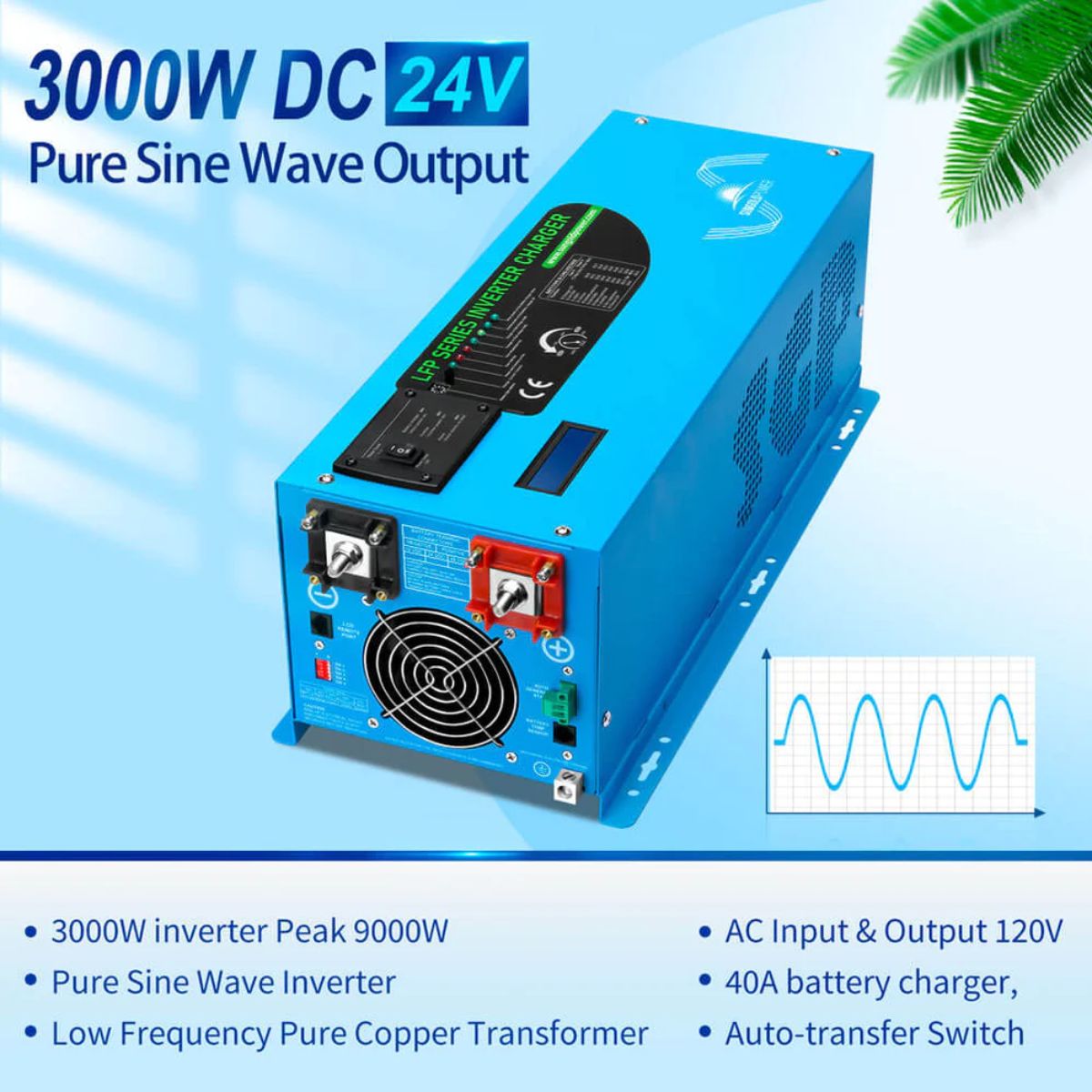 SunGold Power LFP3K24V120VSG 3000  Watts Pure Sine Wave Inverter featuring its multiple electrical output features.