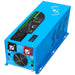 SunGold Power LFP3K24V120VSG 3000 Watts Pure Sine Wave inverter displaying its sky blue color scheme with patterned air vents . Also featuring its positive and negative DC terminals, ports, dip switches and air fan intake.