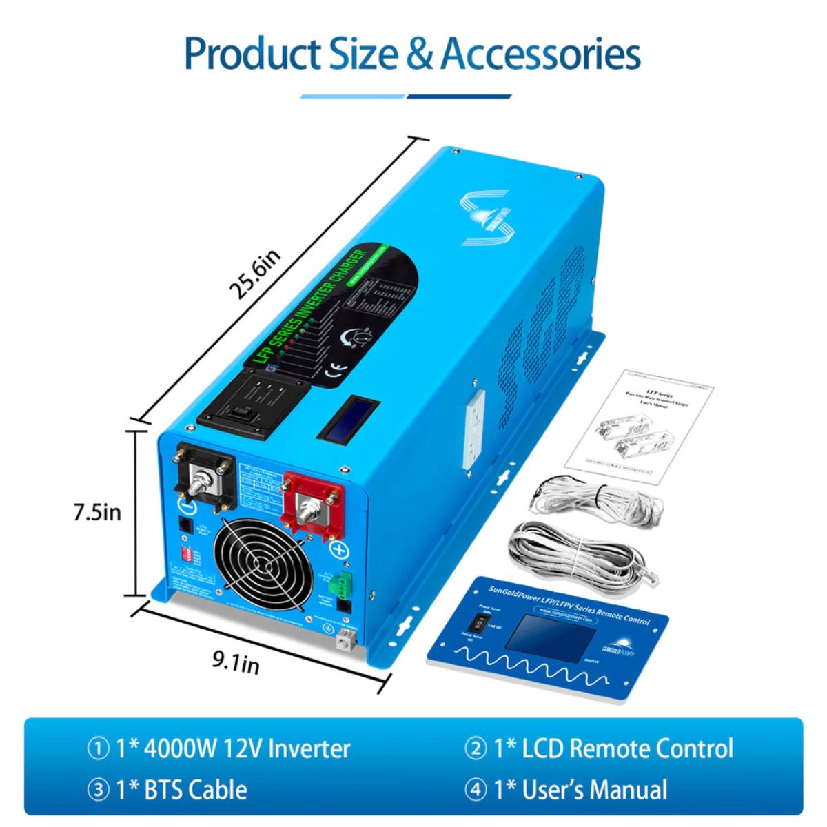 SunGold Power LFP4K12V120VSG 4000 Watts Pure Sine Wave Inverter displaying its product dimensions and product included accesories.