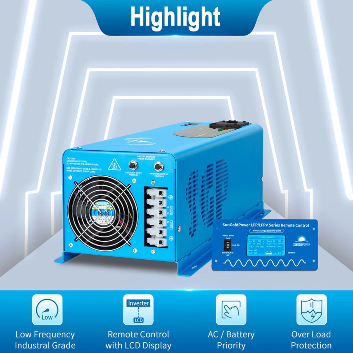 SunGold Power LFP4K12V120VSG 4000 Watts Pure Sine Wave Inverter featuring its main product features like low frequency grade and overload protection.