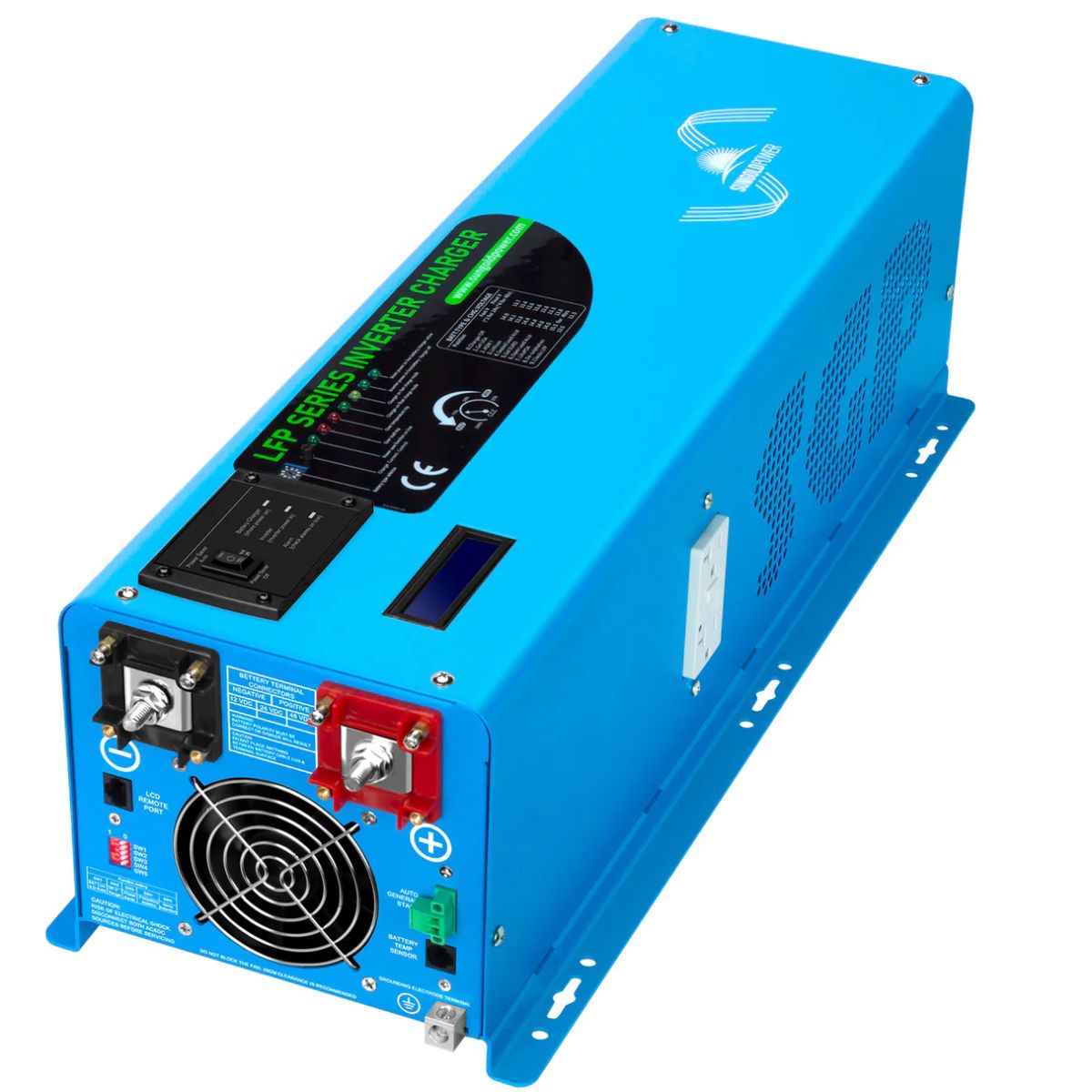 SunGold Power LFP4K12V120VSG 4000 Watts Pure Sine Wave inverter displaying its sky blue color scheme with patterned air vents . Also featuring its positive and negative DC terminals, ports, dip switches and air fan intake