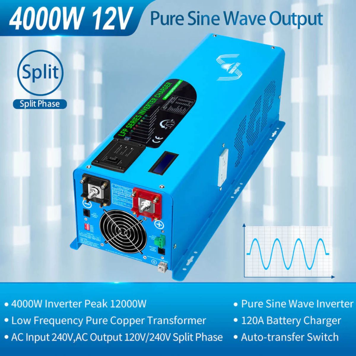 SunGold Power LFP4K12V240VSP 4000 Watts Split Phase Pure Sine Wave Inverter featuring its multiple electrical output features.