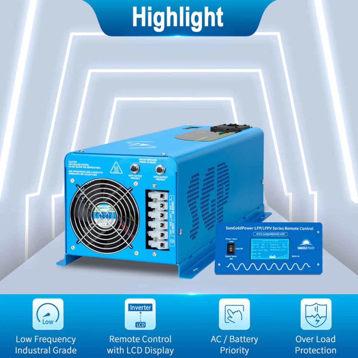 SunGold Power LFP4K12V240VSP 4000 Watts Split Phase Pure Sine Wave Inverter featuring its main product features like low frequency grade and overload protection.