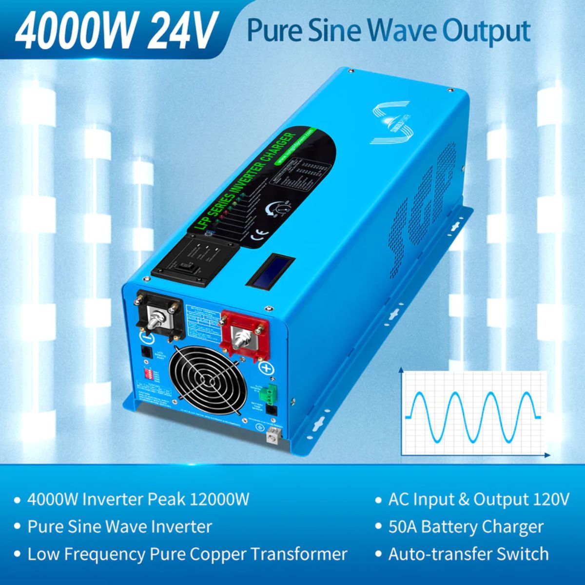 SunGold Power LFP4K24V120VSG 4000 Watts Pure Sine Wave Inverter featuring its multiple electrical output features.