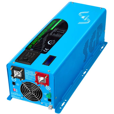 SunGold Power LFP4K24V120VSG 4000 Watts Pure Sine Wave inverter displaying its sky blue color scheme with patterned air vents . Also featuring its positive and negative DC terminals, ports, dip switches and air fan intake.