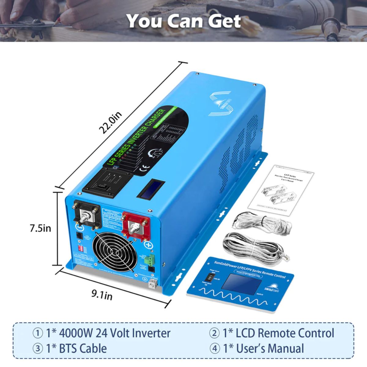 SunGold Power LFP4K24V240VSP 4000 Watts Split Phase Pure Sine Wave Inverter displaying its product dimensions and product included accesories.