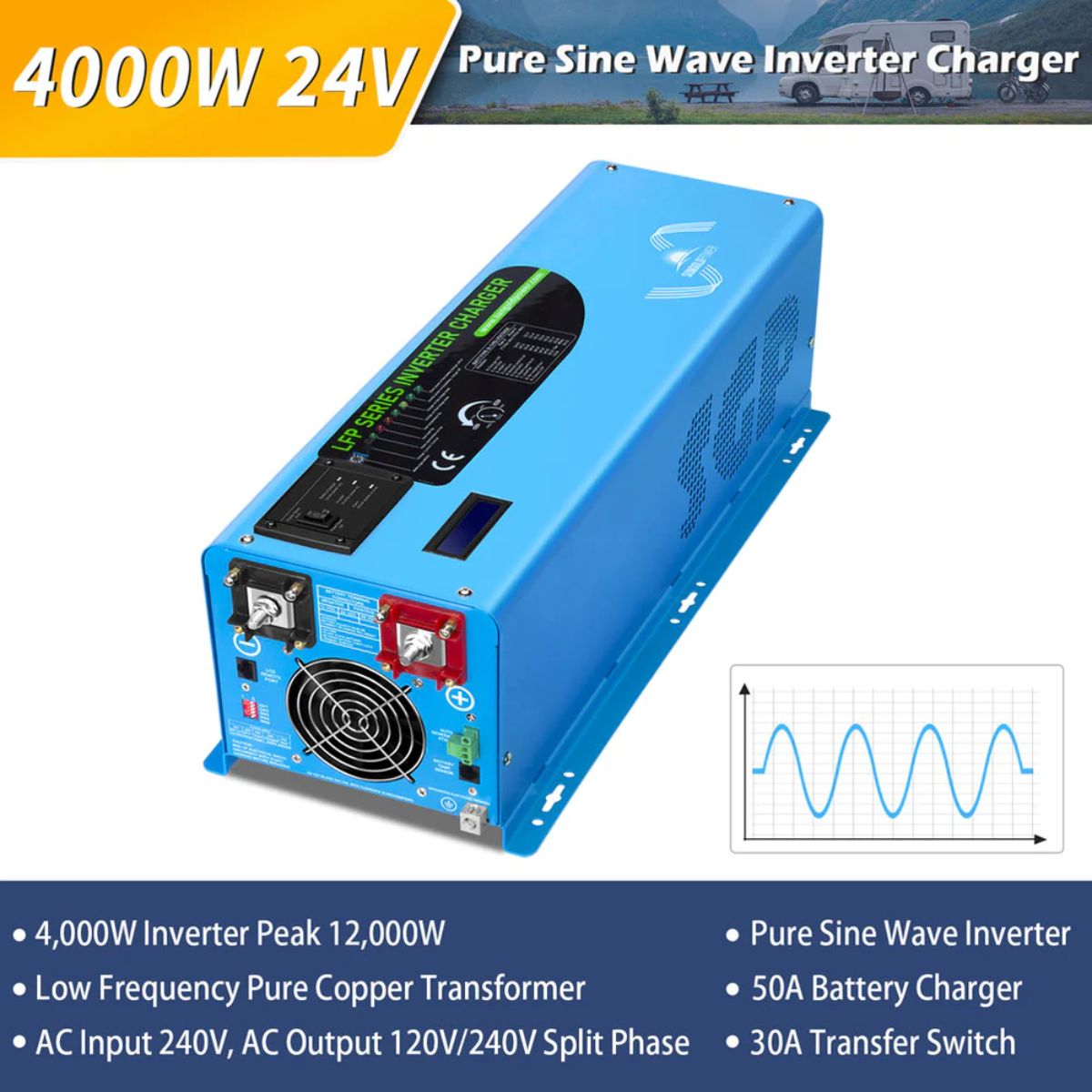 SunGold Power LFP4K24V240VSP 4000 Watts Split Phase Pure Sine Wave Inverter featuring its multiple electrical output features.