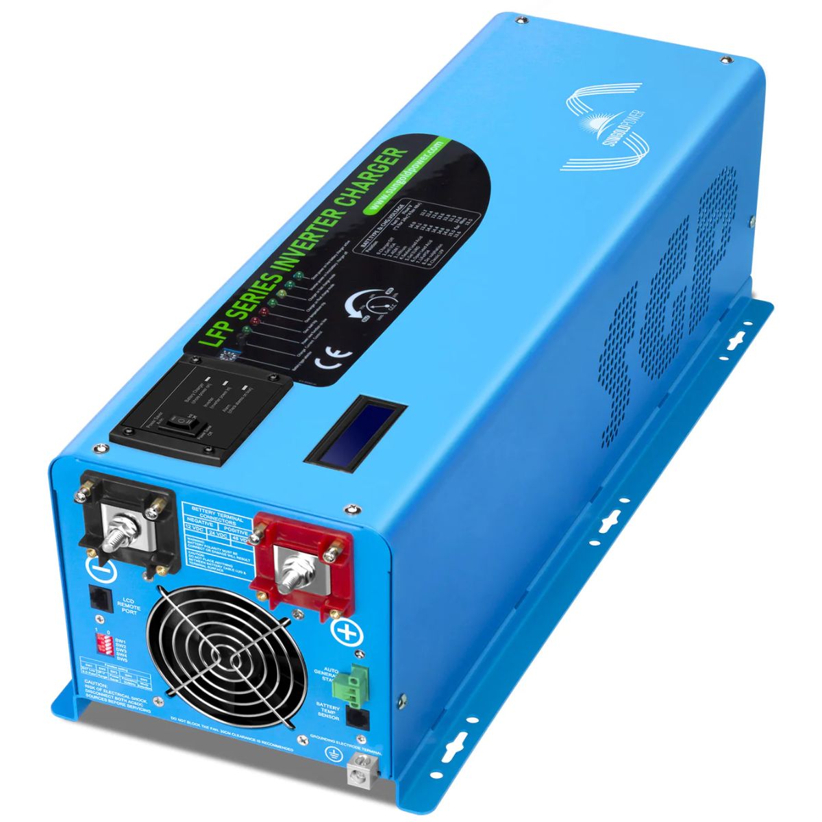 SunGold Power LFP4K24V240VSP 4000 Watts Split Phase Pure Sine Wave inverter displaying its sky blue color scheme with patterned air vents . Also featuring its positive and negative DC terminals, ports, dip switches and air fan intake.