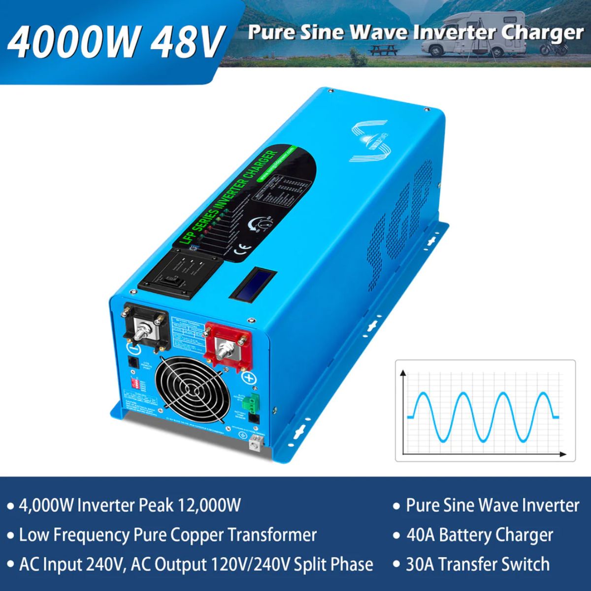 SunGold Power LFP4K48V230VSP 4000 Watts Split Phase Pure Sine Wave Inverter featuring its multiple electrical output features.