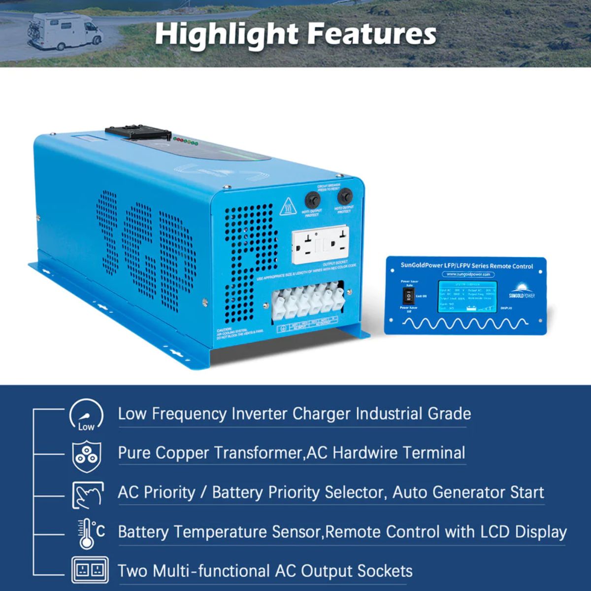 SunGold Power LFP4K48V230VSP 4000 Watts Split Phase Pure Sine Wave Inverter featuring its main product features like low frequency grade and two multi-functional AC output sockets.