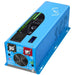 SunGold Power LFP4K48V230VSP 4000 Watts Split Phase Pure Sine Wave inverter displaying its sky blue color scheme with patterned air vents . Also featuring its positive and negative DC terminals, ports, dip switches and air fan intake.