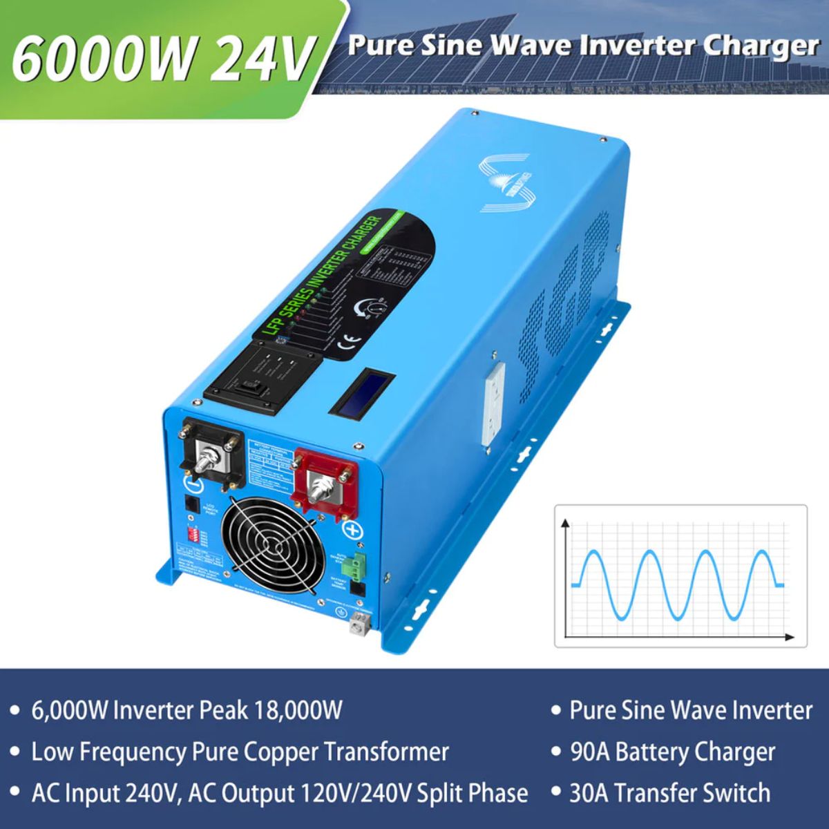 SunGold Power LFP6K24V230VSP 6000 Watts Split Phase Pure Sine Wave Inverter featuring its multiple electrical output features.