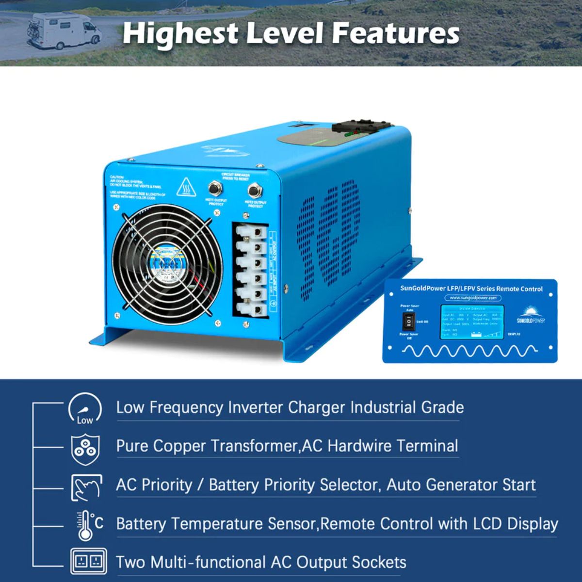 SunGold Power LFP6K24V230VSP 6000 Watts Split Phase Pure Sine Wave Inverter featuring its main product features like low frequency grade and two multi-functional AC output sockets.