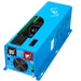 SunGold Power LFP6K24V230VSP 6000 Watts Split Phase Pure Sine Wave inverter displaying its sky blue color scheme with patterned air vents . Also featuring its positive and negative DC terminals, ports, dip switches and air fan intake.