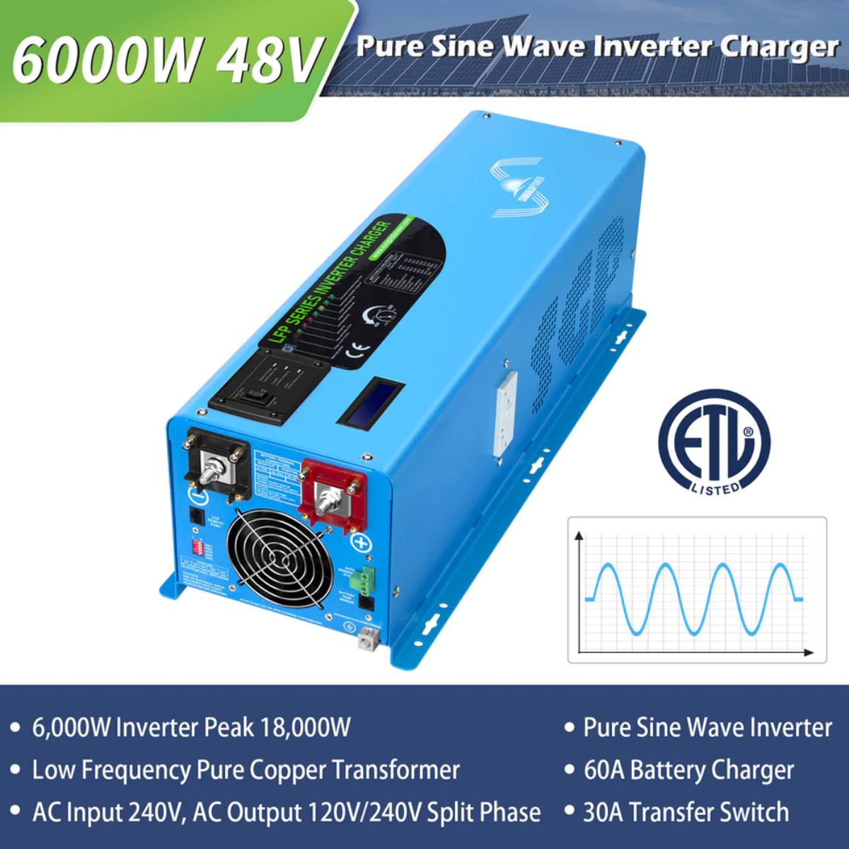 SunGold Power LFP6K48V230VSP 6000 Watts Split Phase Pure Sine Wave Inverter featuring its multiple electrical output features.