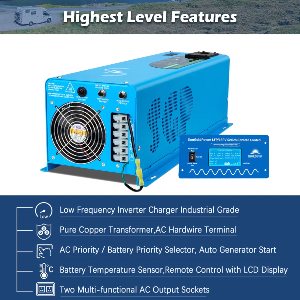 SunGold Power LFP6K48V230VSP 6000 Watts Split Phase Pure Sine Wave Inverter featuring its main product features like low frequency grade and two multi-functional AC output sockets.