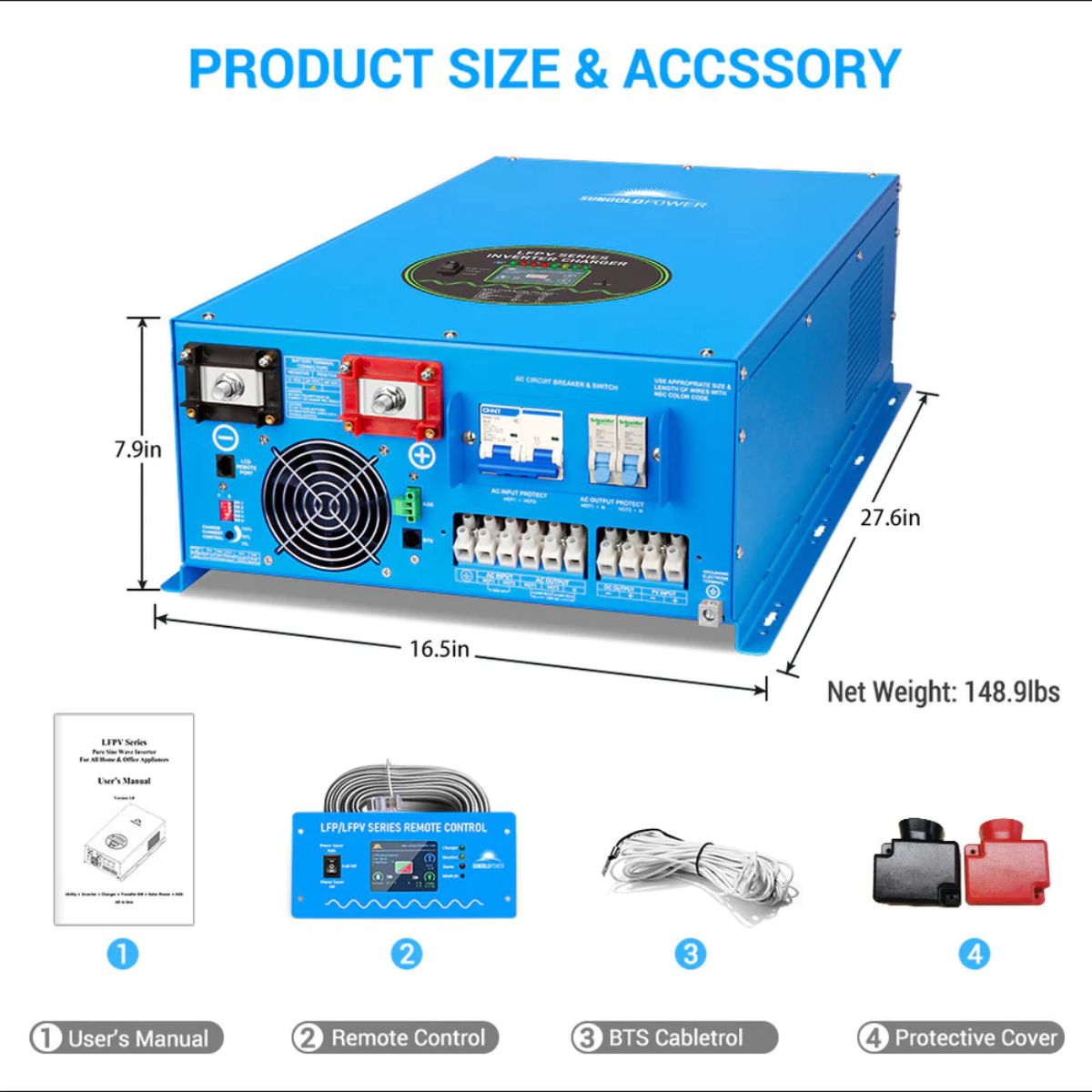 SunGold Power LFPV10K24V240VSP Split Phase Pure Sine Wave Inverter displaying accessories included with the main product.