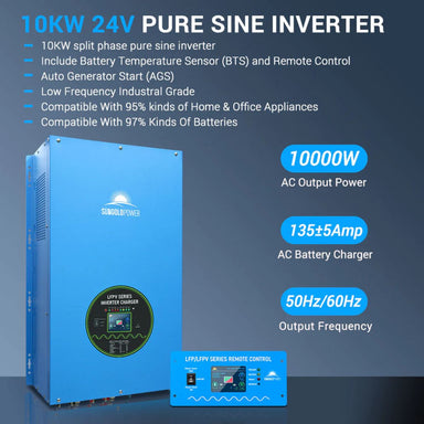 SunGold Power LFPV10K24V240VSP Split Phase Pure Sine Wave Inverter displaying its top product feature.