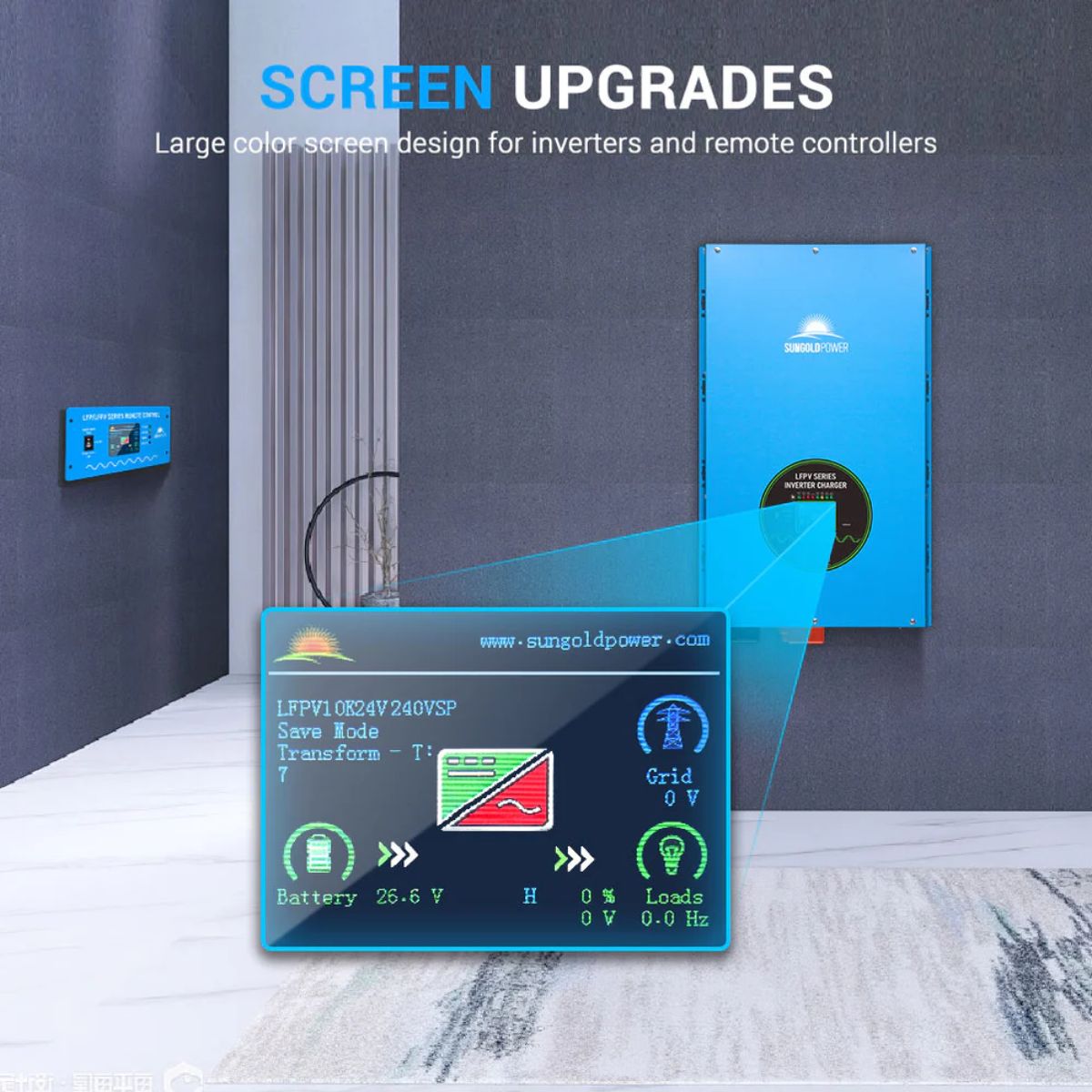 SunGold Power LFPV10K24V240VSP Split Phase Pure Sine Wave Inverter displaying its LCD display upgrades.