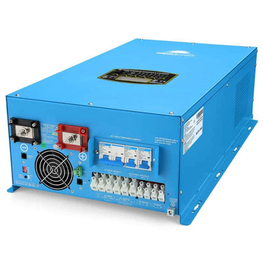 SunGold Power LFPV12K48V240VSP Split Phase Pure Sine Wave Inverter displaying its bottom side view featuring its bottom fan intake, DC in and out, and ports.