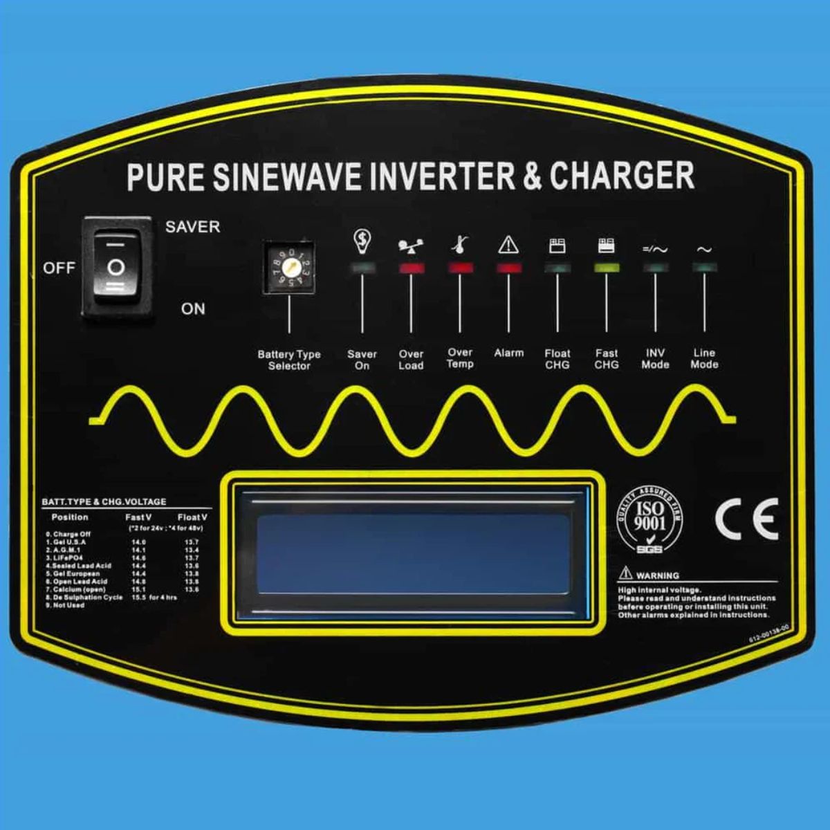 SunGold Power LFPV12K48V240VSP Split Phase Pure Sine Wave Inverter displaying a focused view of its LCD display with on/off switch and 8 battery type indicators.