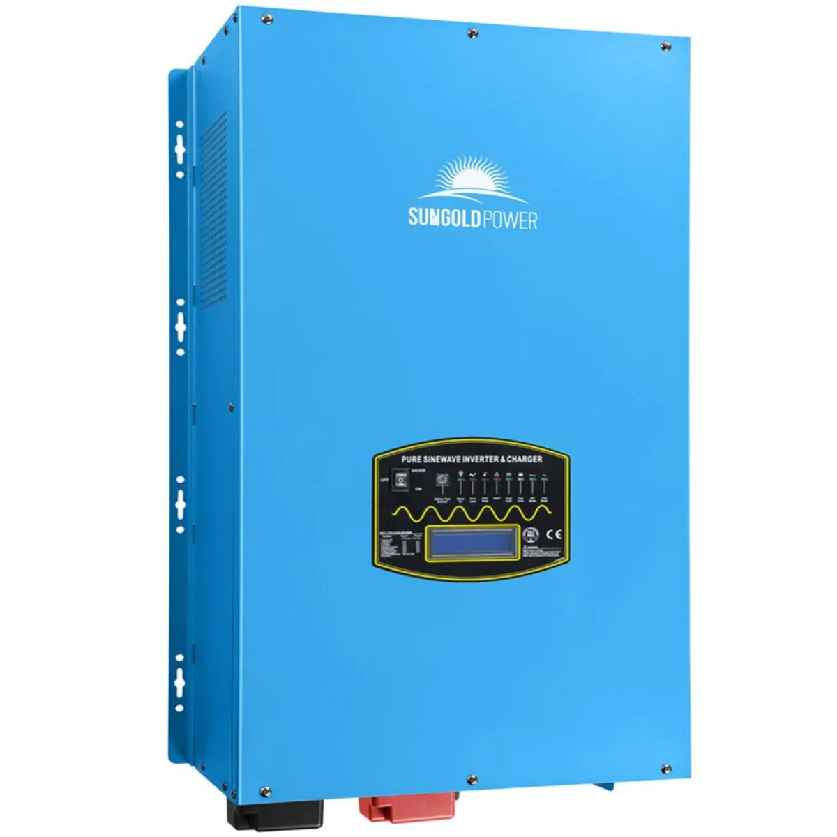 SunGold Power LFPV12K48V240VSP Split Phase Pure Sine Wave Inverter displaying its front panel with its LCD display, On Switch and displaying its signature sky-blue color scheme.