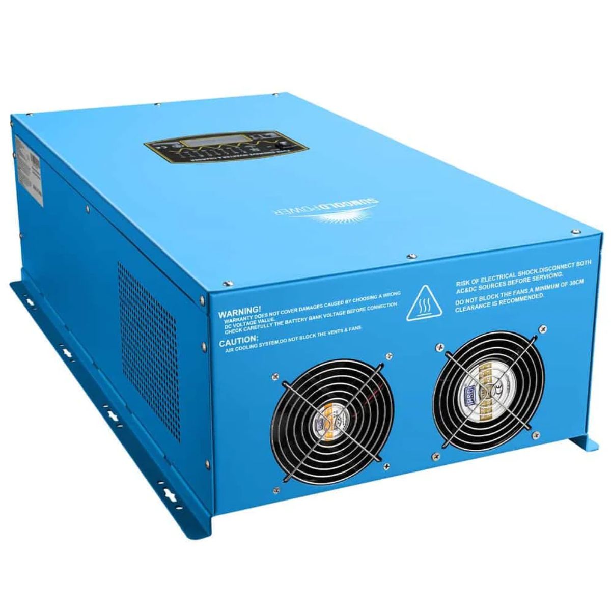 SunGold Power LFPV12K48V240VSP Split Phase Pure Sine Wave Inverter displaying its top view with its dual fan intake.