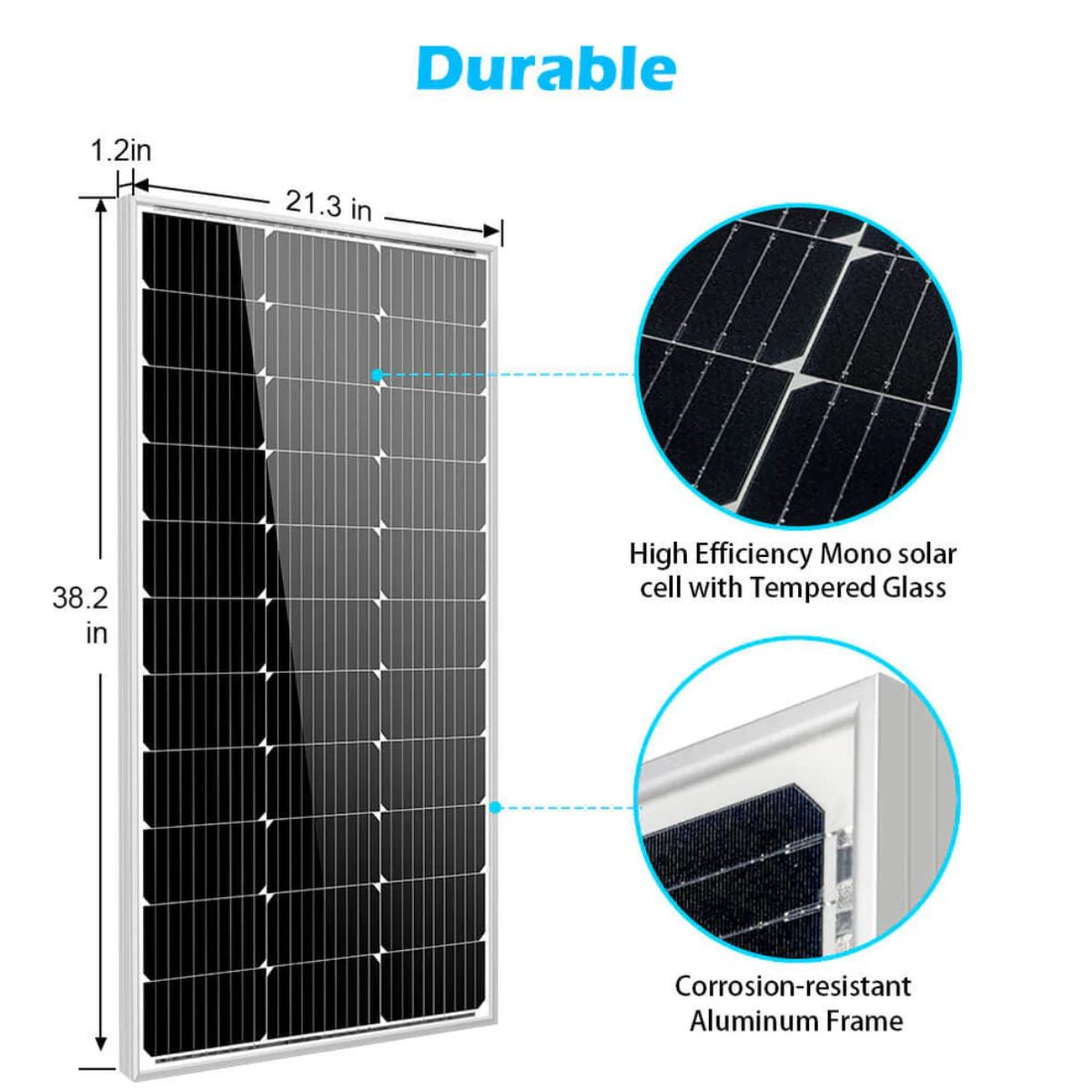 SunGold Power SG-2P100WM Monocrystalline Solar Panels displaying its durable features