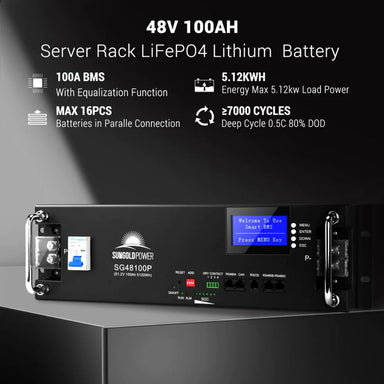 SunGold Power SG48100P Server Rack Lithium Battery displaying its main product features.