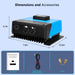 SunGold Power SGC4825100A MPPT Solar Charge Controller displaying its dimensions and the accessories included to the main product