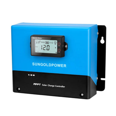 SunGold Power SGC4825100A MPPT Solar Charge Controller featuring its sky-blue and black color scheme and its LCD display in front