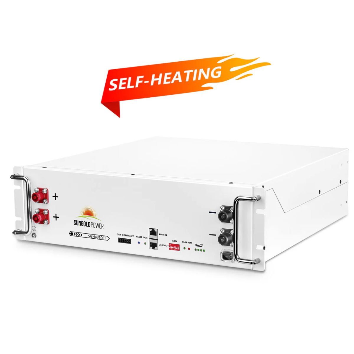 SunGold Power SGH48100T Server Rack Lithium Battery featuring its all white color scheme and its self-heating feature.