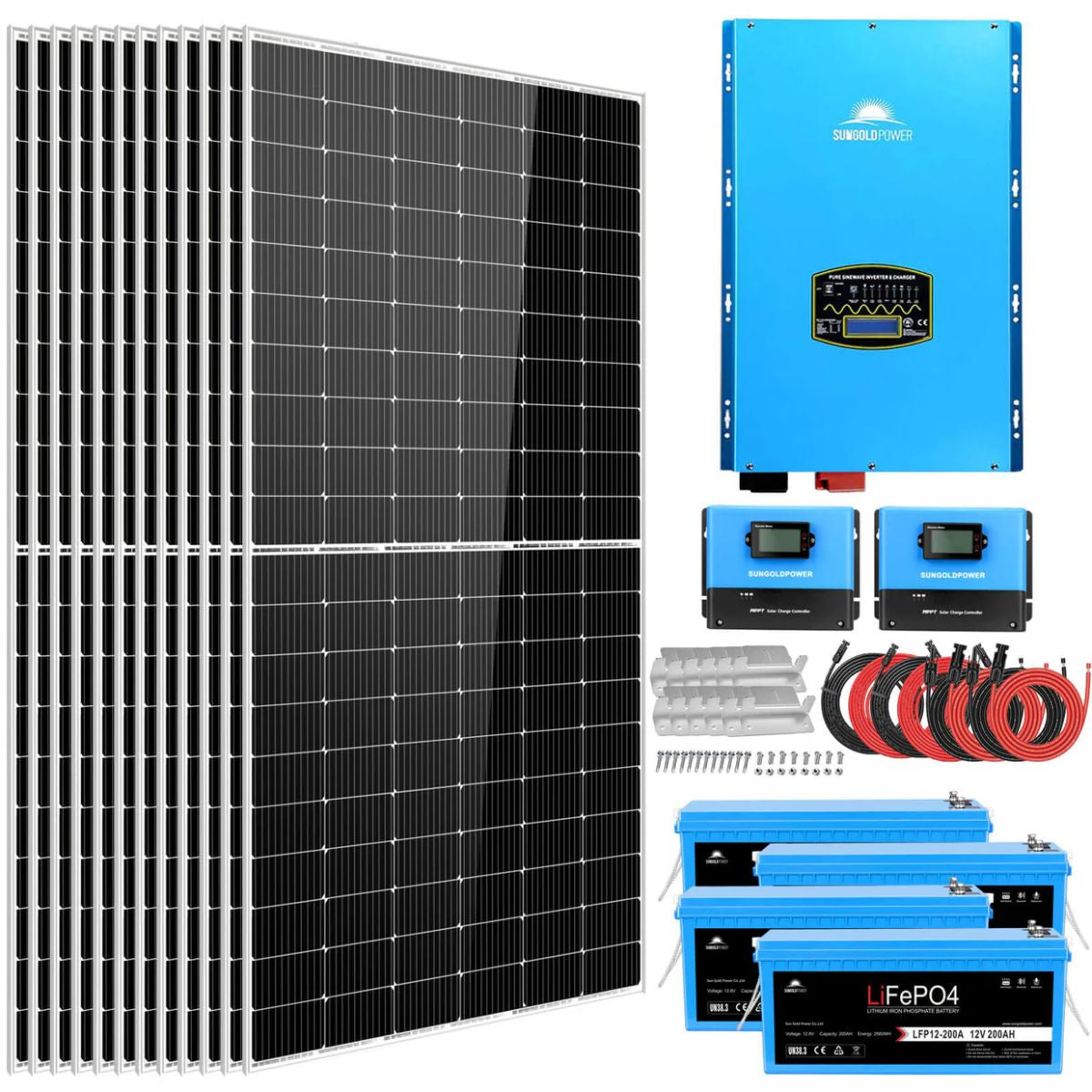 SunGoldPower SGK-12MAX Off-Grid Solar Kit featuring what is included in the kit like the 12 x 450W solar panels, 12000W inverter, 2 x 100A MPPT Solar Charge Controller, and 4 x 200AH lithium battery