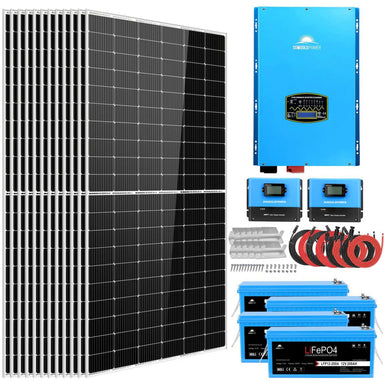 SunGold Power SGK-12MAX Off-Grid Solar Kit featuring what are included to the kit like the 12 x 450W solar panels, 12000W inverter, 2 x 100A MPPT Solar Charge Controller and 4 x 200AH lithium battery