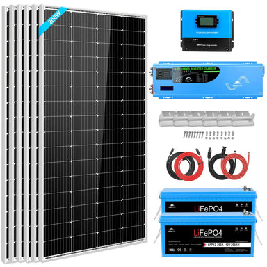 SunGold Power SGK-PR4S Off-Grid Solar Kit featuring what are included to the kit like the 6 x 200W solar panels, 4000W inverter, 1 x 100A MPPT Solar Charge Controller and 2 x 200AH lithium battery