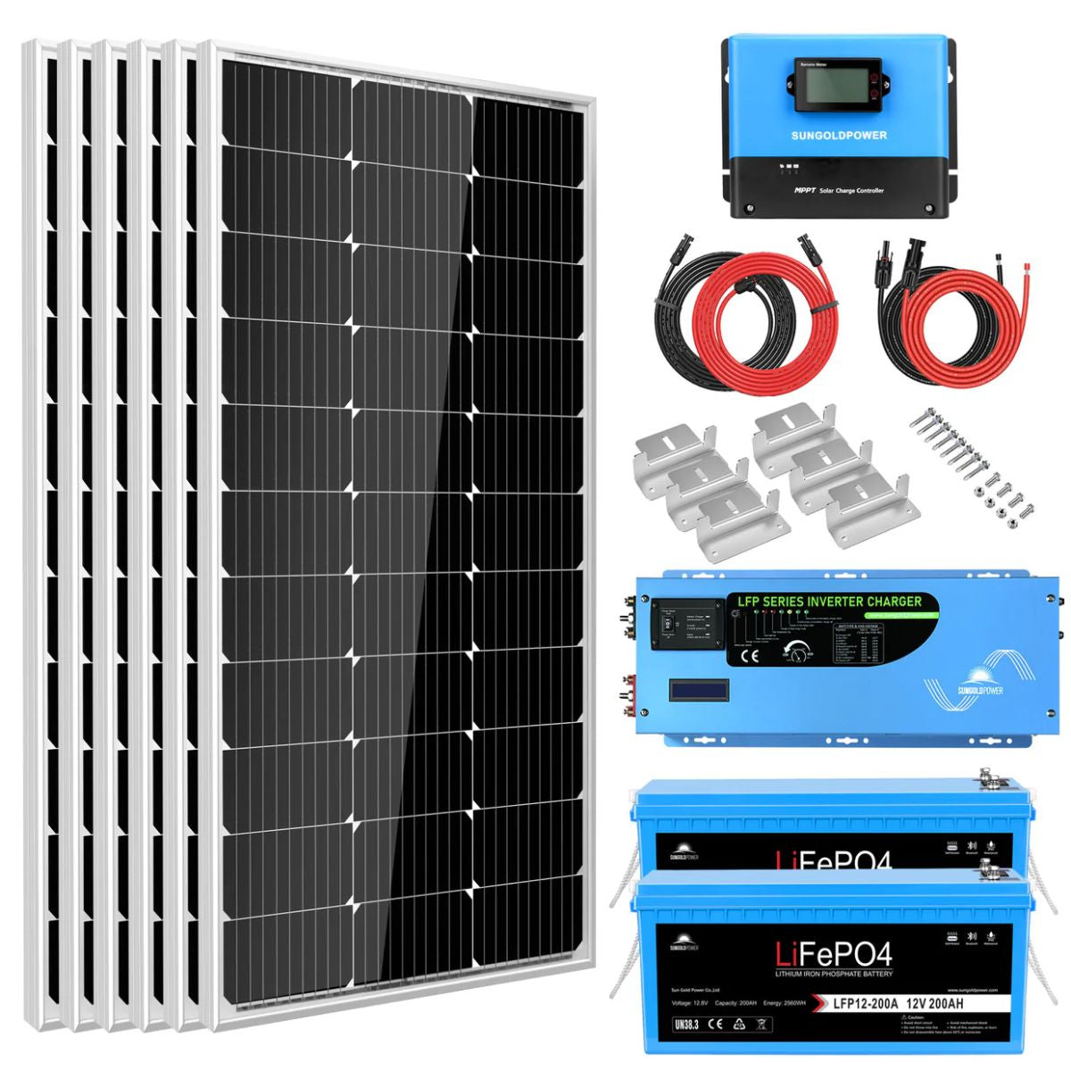 SunGold Power SGK-PRO3100ah/3200ah Off Grid Solar Kit featuring what are included to the kit like the 100W solar panels, 60A solar charge controller, 3000W inverter and either the 100ah or 200ah lithium battery