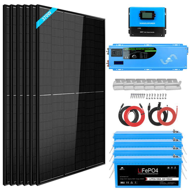 SunGold Power SGK-PR062 Off-Grid Solar Kit featuring what are included to the kit like the 6 x 370W solar panels, 6000W inverter, 1 x 100A MPPT Solar Charge Controller and 4 x 100AH lithium battery