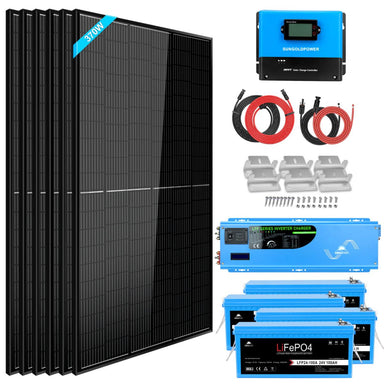 SunGold Power SGK-PR064 Off-Grid Solar Kit featuring what are included to the kit like the 6 x 370W solar panels, 6000W inverter, 1 x 100A MPPT Solar Charge Controller and 4 x 100AH lithium battery