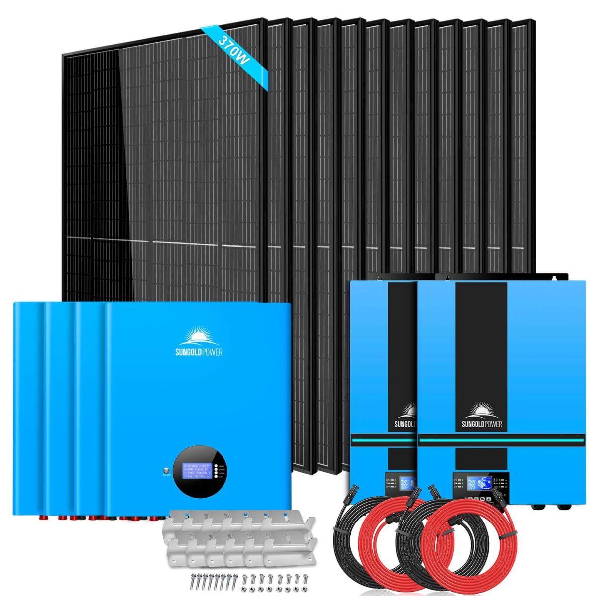 SunGold Power SGM-1320M Off-Grid Solar Kit included to the kit like the 12 x 370W solar panels, 2 x 6500 Watt 48V inverter, and 4 X 100AH powerwall lithium battery