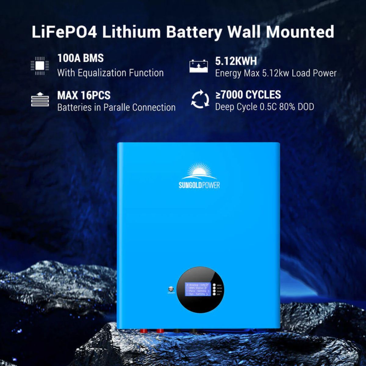 SunGold Power SGM-1320M Off-Grid Solar Kit's 100AH LiFePO4 Wall Mounted Powerwall Lithium Battery features