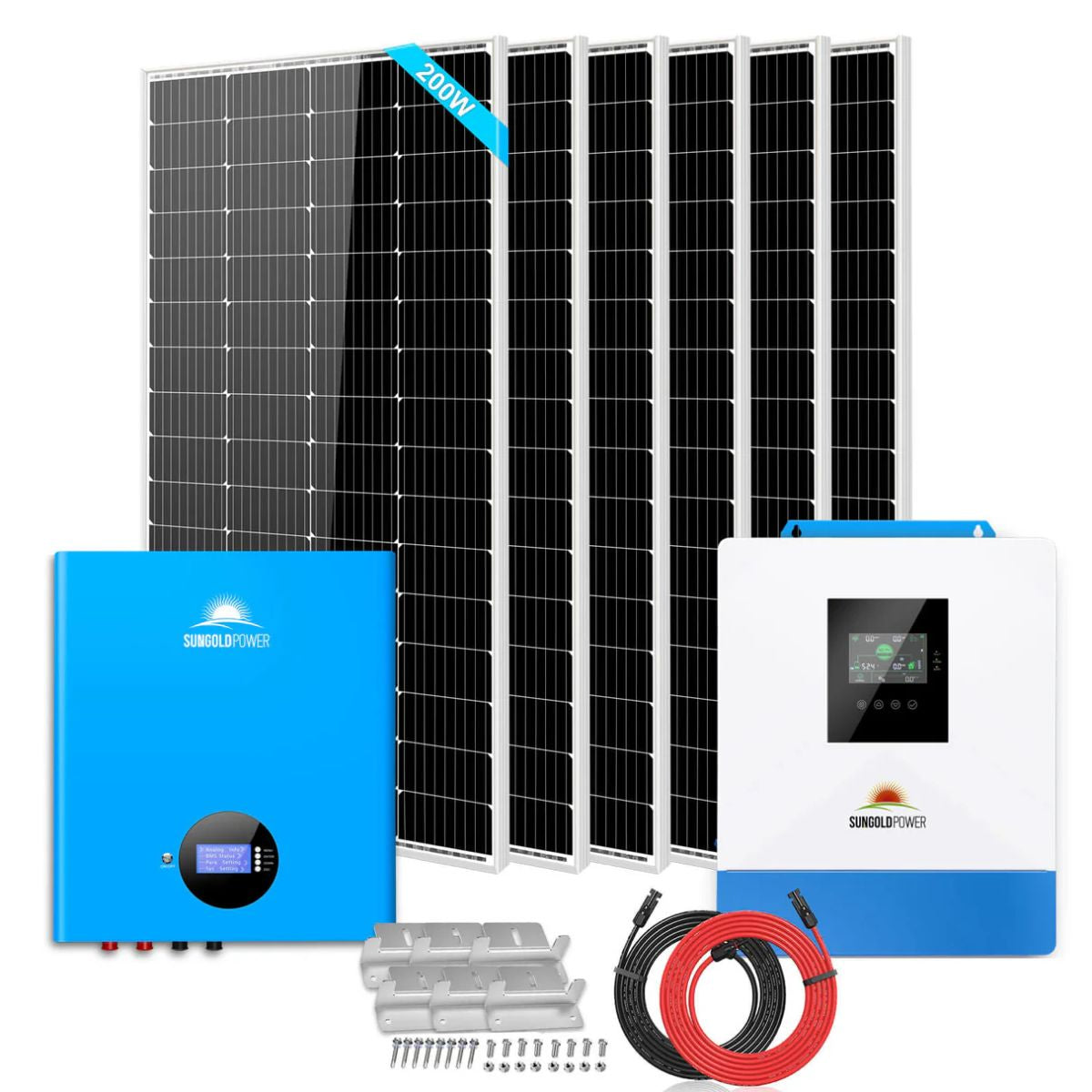 SunGold Power SGM-5K5E Off-Grid Solar Kit included to the kit like the 6 x 200W solar panels, 5000 Watt 48V inverter, and 1 X 100AH powerwall lithium battery