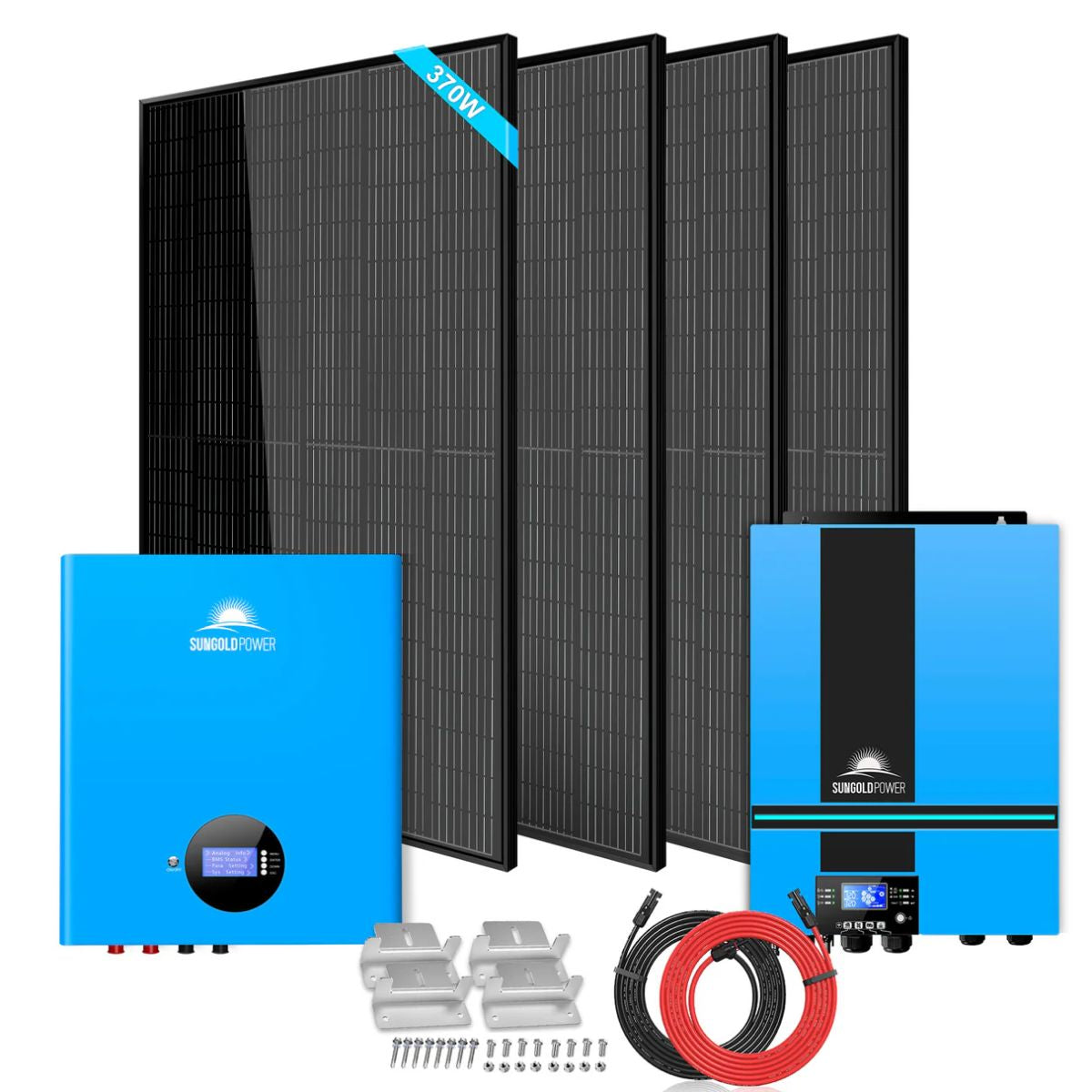 SunGold Power SGM-655M Off-Grid Solar Kit included to the kit like the 4 x 370W solar panels, 6500 Watt 48V inverter, and 1 X 100AH powerwall lithium battery