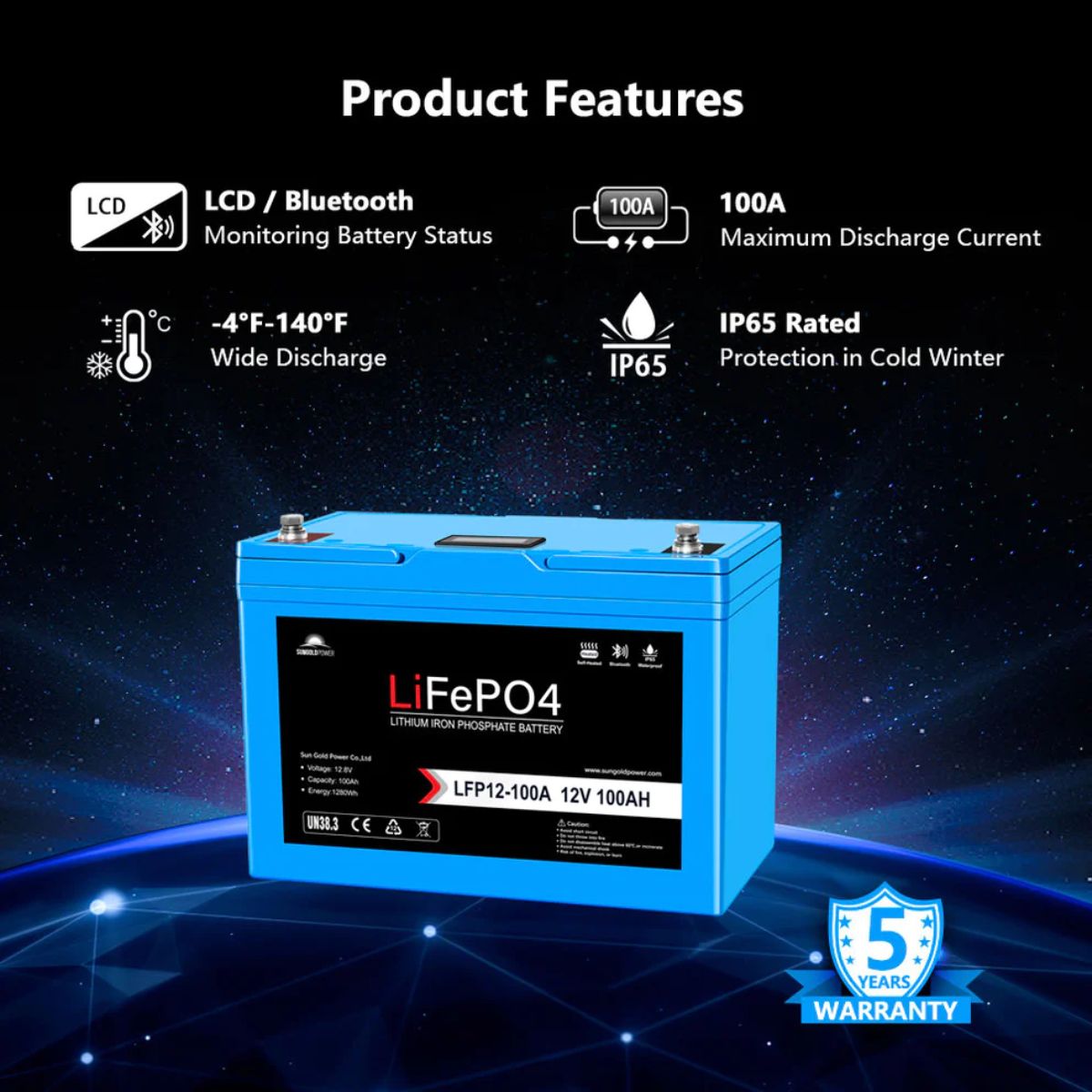 SunGold Power SGP12V100S Deep Cycle Lithium Battery displaying its main product features.