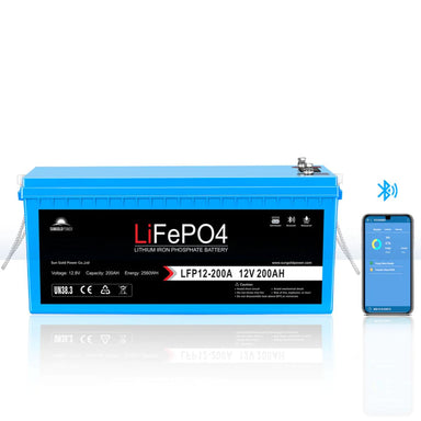 SunGold Power SGP12V200S Deep Cycle Lithium Battery displaying its black and sky-blue color scheme. It also displays its Bluetooth feature for monitoring available to the product.