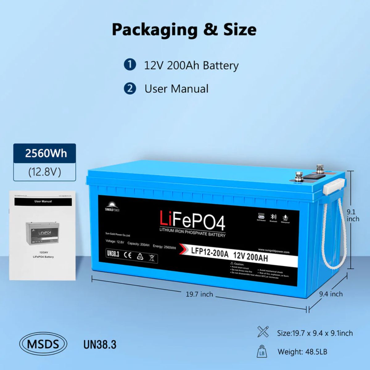 SunGold Power SGP12V200S Deep Cycle Lithium Battery displaying its packaging and its product dimensions.