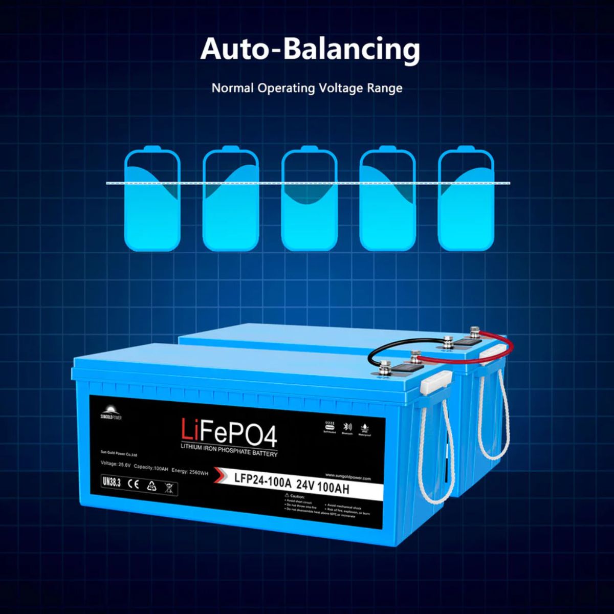 SunGold Power SGP24V100S Deep Cycle Lithium Battery featuring its auto-balancing feature in a normal operating voltage range.