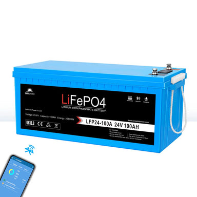 SunGold Power SGP24V100S Deep Cycle Lithium Battery displaying its black and sky-blue color scheme. It also displays its Bluetooth feature for monitoring available to the product.